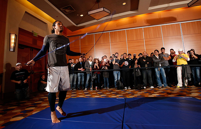 SEATTLE, WA - DECEMBER 05:  Benson Henderson works out for fans and media during the UFC on FOX open workouts on December 5, 2012  at the Grand Hyatt Seattle in Seattle, Washington.  (Photo by Josh Hedges/Zuffa LLC/Zuffa LLC via Getty Images)