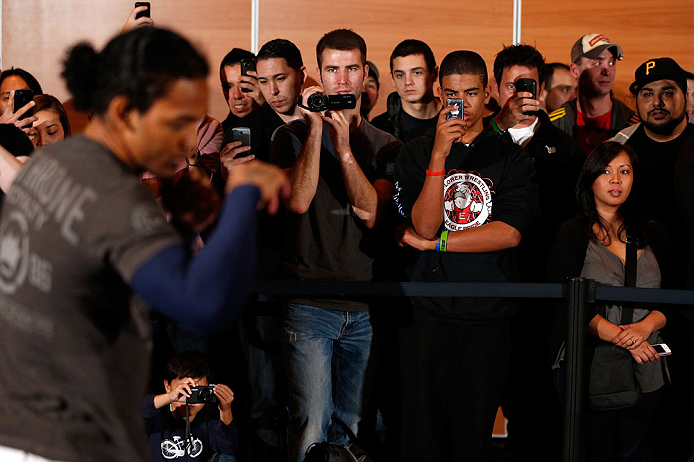 SEATTLE, WA - DECEMBER 05:  Fans look on as Benson Henderson conducts a training session during the UFC on FOX open workouts on December 5, 2012  at the Grand Hyatt Seattle in Seattle, Washington.  (Photo by Josh Hedges/Zuffa LLC/Zuffa LLC via Getty Images)