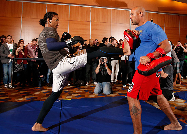 SEATTLE, WA - DECEMBER 05:  Benson Henderson works out for fans and media during the UFC on FOX open workouts on December 5, 2012  at the Grand Hyatt Seattle in Seattle, Washington.  (Photo by Josh Hedges/Zuffa LLC/Zuffa LLC via Getty Images)