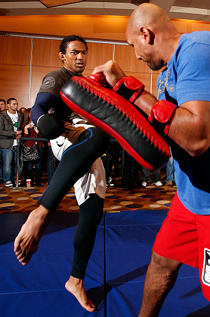 SEATTLE, WA - DECEMBER 05:  Benson Henderson works out for fans and media during the UFC on FOX open workouts on December 5, 2012  at the Grand Hyatt Seattle in Seattle, Washington.  (Photo by Josh Hedges/Zuffa LLC/Zuffa LLC via Getty Images)