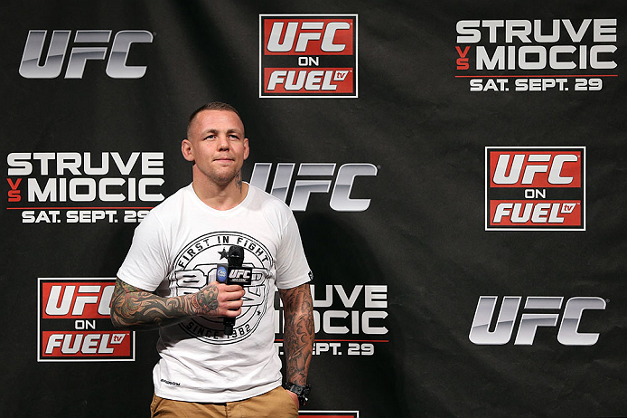 NOTTINGHAM, ENGLAND - SEPTEMBER 28: Ross Pearson interacts with fans during a Q&A session before the UFC on Fuel TV weigh in at Capital FM Arena on September 28, 2012 in Nottingham, England. (Photo by Josh Hedges/Zuffa LLC/Zuffa LLC via Getty Images)
