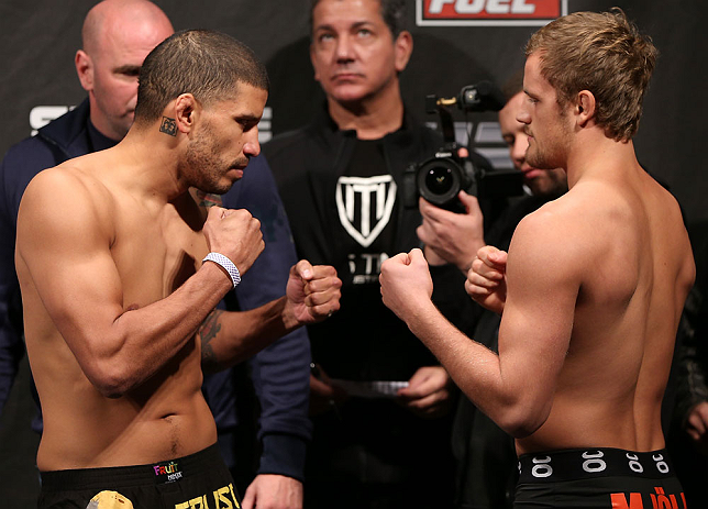 NOTTINGHAM, ENGLAND - SEPTEMBER 28: (L-R) Opponents DaMarques Johnson and Gunnar Nelson face off during the UFC on Fuel TV weigh in at Capital FM Arena on September 28, 2012 in Nottingham, England. (Photo by Josh Hedges/Zuffa LLC/Zuffa LLC via Getty Images)