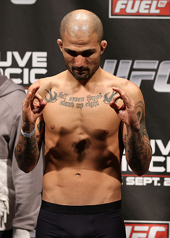 NOTTINGHAM, ENGLAND - SEPTEMBER 28:  Akira Corassani weighs in during the UFC on Fuel TV weigh in at Capital FM Arena on September 28, 2012 in Nottingham, England.  (Photo by Josh Hedges/Zuffa LLC/Zuffa LLC via Getty Images)