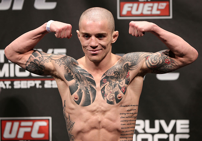 NOTTINGHAM, ENGLAND - SEPTEMBER 28: Andy Ogle weighs in during the UFC on Fuel TV weigh in at Capital FM Arena on September 28, 2012 in Nottingham, England. (Photo by Josh Hedges/Zuffa LLC/Zuffa LLC via Getty Images)