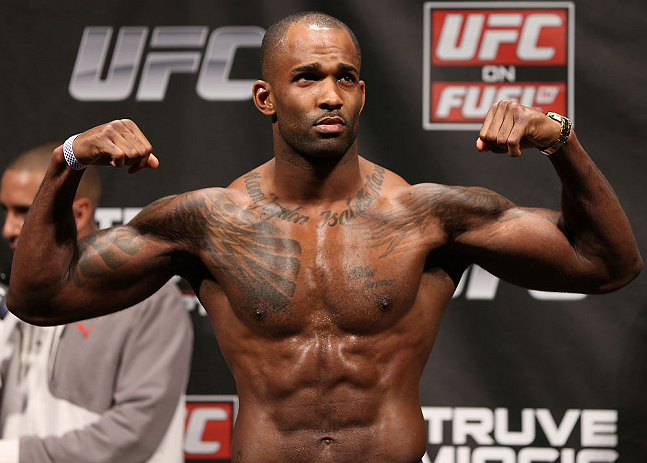 NOTTINGHAM, ENGLAND - SEPTEMBER 28: Jimi Manuwa weighs in during the UFC on Fuel TV weigh in at Capital FM Arena on September 28, 2012 in Nottingham, England. (Photo by Josh Hedges/Zuffa LLC/Zuffa LLC via Getty Images)