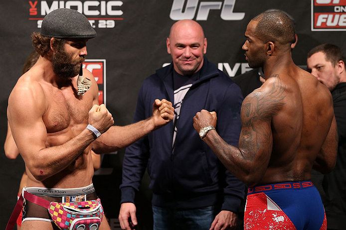 NOTTINGHAM, ENGLAND - SEPTEMBER 28: (L-R) Opponents Kyle Kingsbury and Jimi Manuwa face off during the UFC on Fuel TV weigh in at Capital FM Arena on September 28, 2012 in Nottingham, England. (Photo by Josh Hedges/Zuffa LLC/Zuffa LLC via Getty Images)