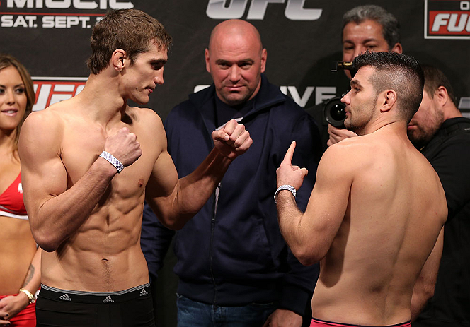 NOTTINGHAM, ENGLAND - SEPTEMBER 28: (L-R) Opponents John Hathaway and John Maguire face off during the UFC on Fuel TV weigh in at Capital FM Arena on September 28, 2012 in Nottingham, England. (Photo by Josh Hedges/Zuffa LLC/Zuffa LLC via Getty Images)