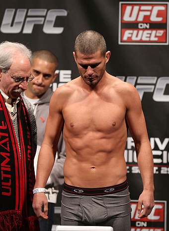 NOTTINGHAM, ENGLAND - SEPTEMBER 28: Matt Wiman weighs in during the UFC on Fuel TV weigh in at Capital FM Arena on September 28, 2012 in Nottingham, England. (Photo by Josh Hedges/Zuffa LLC/Zuffa LLC via Getty Images)