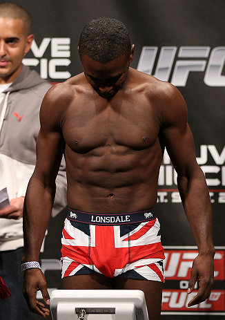 NOTTINGHAM, ENGLAND - SEPTEMBER 28: Yves Jabouin weighs in during the UFC on Fuel TV weigh in at Capital FM Arena on September 28, 2012 in Nottingham, England. (Photo by Josh Hedges/Zuffa LLC/Zuffa LLC via Getty Images)