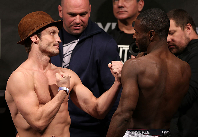 NOTTINGHAM, ENGLAND - SEPTEMBER 28: (L-R) Opponents Brad Pickett and Yves Jabouin face off during the UFC on Fuel TV weigh in at Capital FM Arena on September 28, 2012 in Nottingham, England. (Photo by Josh Hedges/Zuffa LLC/Zuffa LLC via Getty Images)