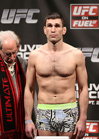 NOTTINGHAM, ENGLAND - SEPTEMBER 28: Amir Sadollah weighs in during the UFC on Fuel TV weigh in at Capital FM Arena on September 28, 2012 in Nottingham, England. (Photo by Josh Hedges/Zuffa LLC/Zuffa LLC via Getty Images)