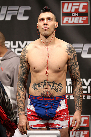 NOTTINGHAM, ENGLAND - SEPTEMBER 28: Dan Hardy weighs in during the UFC on Fuel TV weigh in at Capital FM Arena on September 28, 2012 in Nottingham, England. (Photo by Josh Hedges/Zuffa LLC/Zuffa LLC via Getty Images)