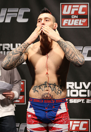 NOTTINGHAM, ENGLAND - SEPTEMBER 28: Dan Hardy weighs in during the UFC on Fuel TV weigh in at Capital FM Arena on September 28, 2012 in Nottingham, England. (Photo by Josh Hedges/Zuffa LLC/Zuffa LLC via Getty Images)