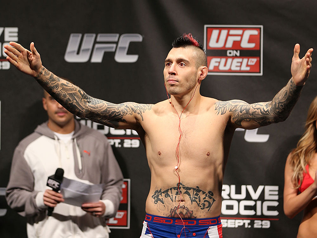 NOTTINGHAM, ENGLAND - SEPTEMBER 28: Dan Hardy weighs in during the UFC on Fuel TV weigh in at Capital FM Arena on September 28, 2012 in Nottingham, England. (Photo by Josh Hedges/Zuffa LLC/Zuffa LLC via Getty Images)