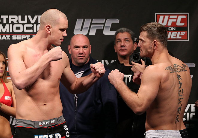 NOTTINGHAM, ENGLAND - SEPTEMBER 28: (L-R) Opponents Stefan Struve and Stipe Miocic face off during the UFC on Fuel TV weigh in at Capital FM Arena on September 28, 2012 in Nottingham, England. (Photo by Josh Hedges/Zuffa LLC/Zuffa LLC via Getty Images)