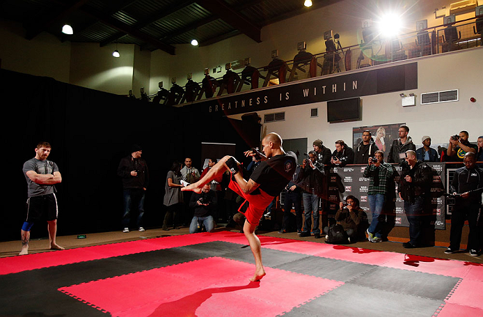 LONDON, ENGLAND - FEBRUARY 13: Dustin Poirier conducts an open training session for media on February 13, 2013 at Hooks Gym in London, England. (Photo by Josh Hedges/Zuffa LLC/Zuffa LLC via Getty Images)