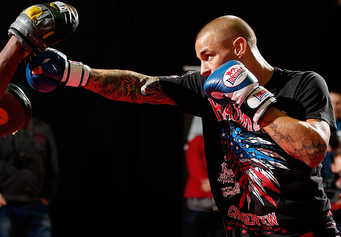 LONDON, ENGLAND - FEBRUARY 13: Dustin Poirier conducts an open training session for media on February 13, 2013 at Hooks Gym in London, England. (Photo by Josh Hedges/Zuffa LLC/Zuffa LLC via Getty Images)