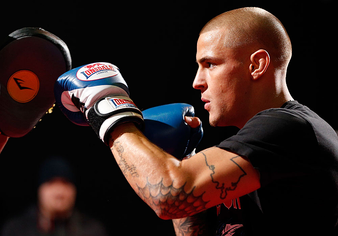 LONDON, ENGLAND - FEBRUARY 13: Dustin Poirier conducts an open training session for media on February 13, 2013 at Hooks Gym in London, England. (Photo by Josh Hedges/Zuffa LLC/Zuffa LLC via Getty Images)