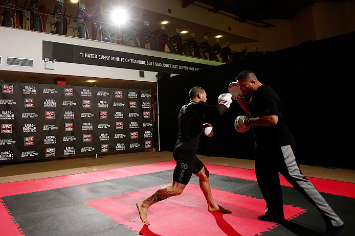 LONDON, ENGLAND - FEBRUARY 13: Cub Swanson conducts an open training session for media on February 13, 2013 at Hooks Gym in London, England. (Photo by Josh Hedges/Zuffa LLC/Zuffa LLC via Getty Images)