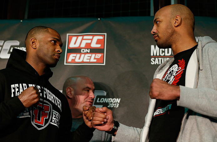 LONDON, ENGLAND - FEBRUARY 13: (L-R) Opponents Jimi Manuwa and Cyrille Diabate face off during a UFC press conference on February 13, 2013 at Hooks Gym in London, England. (Photo by Josh Hedges/Zuffa LLC/Zuffa LLC via Getty Images)