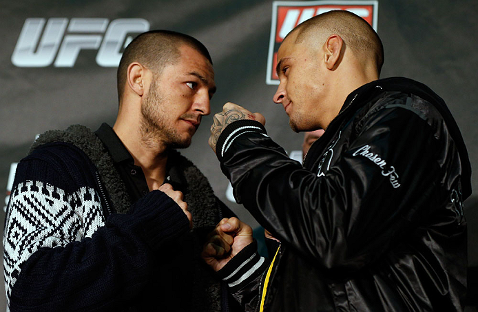 LONDON, ENGLAND - FEBRUARY 13: (L-R) Opponents Cub Swanson and Dustin Poirier face off during a UFC press conference on February 13, 2013 at Hooks Gym in London, England. (Photo by Josh Hedges/Zuffa LLC/Zuffa LLC via Getty Images)