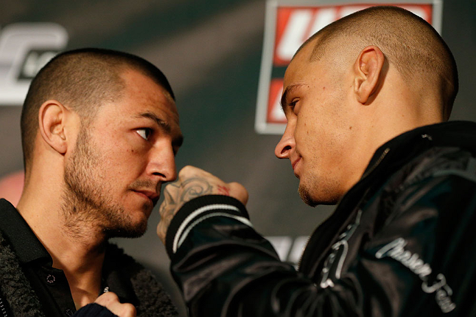 LONDON, ENGLAND - FEBRUARY 13: (L-R) Opponents Cub Swanson and Dustin Poirier face off during a UFC press conference on February 13, 2013 at Hooks Gym in London, England. (Photo by Josh Hedges/Zuffa LLC/Zuffa LLC via Getty Images)
