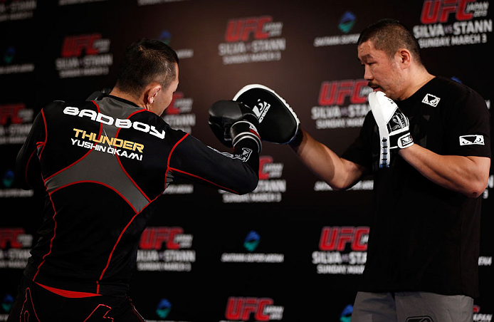 TOKYO, JAPAN - FEBRUARY 28: Yushin Okami holds an open training session for media at the Hilton Sjinjuku Hotel on February 28, 2013 in Tokyo, Japan. (Photo by Josh Hedges/Zuffa LLC/Zuffa LLC via Getty Images)