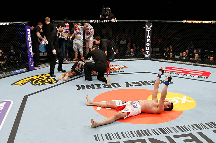 SAITAMA, JAPAN - MARCH 03:  Hyun Gyu Lim reacts after knocking out Marcelo Guimaraes in their welterweight fight during the UFC on FUEL TV event at Saitama Super Arena on March 3, 2013 in Saitama, Japan.  (Photo by Josh Hedges/Zuffa LLC/Zuffa LLC via Getty Images)