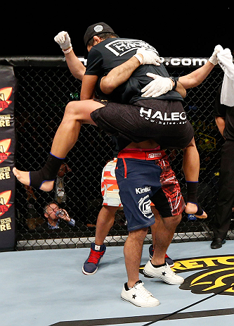 SAITAMA, JAPAN - MARCH 03:  Takeya Mizugaki reacts after defeating Bryan Caraway in their bantamweight fight during the UFC on FUEL TV event at Saitama Super Arena on March 3, 2013 in Saitama, Japan.  (Photo by Josh Hedges/Zuffa LLC/Zuffa LLC via Getty Images)