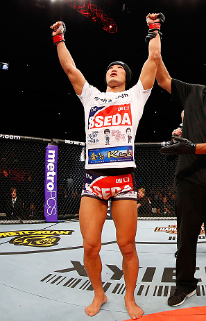 SAITAMA, JAPAN - MARCH 03:  Dong Hyun Kim reacts after defeating Siyar Bahadurzada in their welterweight fight during the UFC on FUEL TV event at Saitama Super Arena on March 3, 2013 in Saitama, Japan.  (Photo by Josh Hedges/Zuffa LLC/Zuffa LLC via Getty Images)