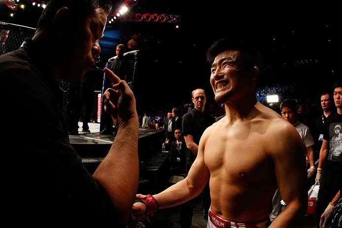 SAITAMA, JAPAN - MARCH 03:  Takanori Gomi prepares to enter the Octagon before his lightweight fight against Diego Sanchez during the UFC on FUEL TV event at Saitama Super Arena on March 3, 2013 in Saitama, Japan.  (Photo by Josh Hedges/Zuffa LLC/Zuffa LLC via Getty Images)