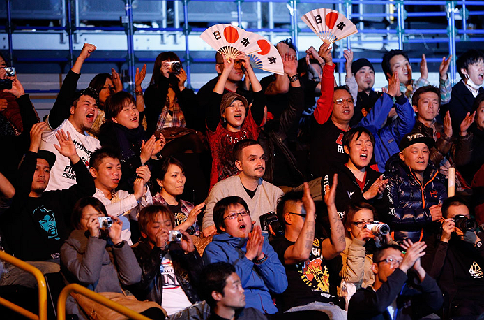 SAITAMA, JAPAN - MARCH 03:  Fans cheer for Takanori Gomi before his lightweight fight against Diego Sanchez during the UFC on FUEL TV event at Saitama Super Arena on March 3, 2013 in Saitama, Japan.  (Photo by Josh Hedges/Zuffa LLC/Zuffa LLC via Getty Images)