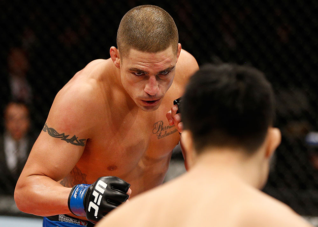 SAITAMA, JAPAN - MARCH 03:  (L-R) Diego Sanchez squares off with Takanori Gomi in their lightweight fight during the UFC on FUEL TV event at Saitama Super Arena on March 3, 2013 in Saitama, Japan.  (Photo by Josh Hedges/Zuffa LLC/Zuffa LLC via Getty Images)