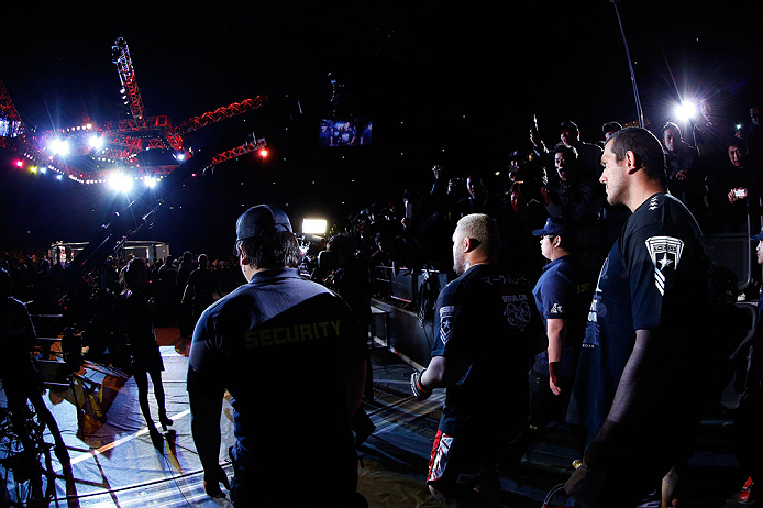 SAITAMA, JAPAN - MARCH 03:  Mark Hunt enters the arena before his heavyweight fight against Stefan Struve during the UFC on FUEL TV event at Saitama Super Arena on March 3, 2013 in Saitama, Japan.  (Photo by Josh Hedges/Zuffa LLC/Zuffa LLC via Getty Images)