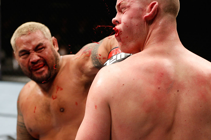 SAITAMA, JAPAN - MARCH 03:  (L-R) Mark Hunt knocks out Stefan Struve with a punch in their heavyweight fight during the UFC on FUEL TV event at Saitama Super Arena on March 3, 2013 in Saitama, Japan.  (Photo by Josh Hedges/Zuffa LLC/Zuffa LLC via Getty Images)