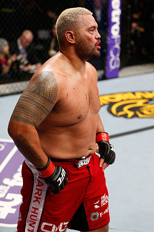 SAITAMA, JAPAN - MARCH 03:  Mark Hunt reacts after knocking out Stefan Struve in their heavyweight fight during the UFC on FUEL TV event at Saitama Super Arena on March 3, 2013 in Saitama, Japan.  (Photo by Josh Hedges/Zuffa LLC/Zuffa LLC via Getty Images)