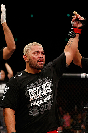 SAITAMA, JAPAN - MARCH 03:  Mark Hunt reacts after knocking out Stefan Struve in their heavyweight fight during the UFC on FUEL TV event at Saitama Super Arena on March 3, 2013 in Saitama, Japan.  (Photo by Josh Hedges/Zuffa LLC/Zuffa LLC via Getty Images)