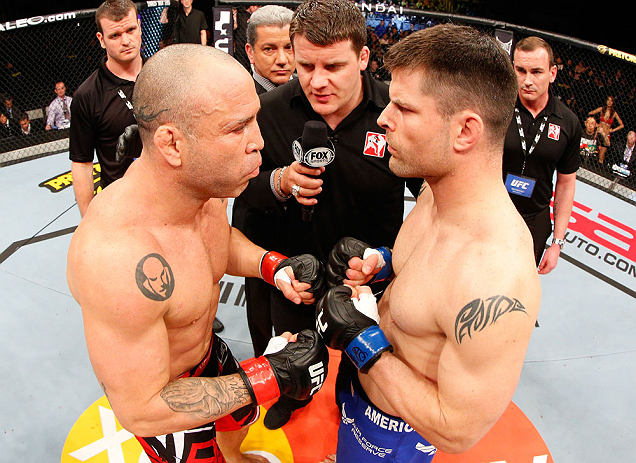 SAITAMA, JAPAN - MARCH 03:  (L-R) Opponents Wanderlei Silva and Brian Stann face off before their light heavyweight fight during the UFC on FUEL TV event at Saitama Super Arena on March 3, 2013 in Saitama, Japan.  (Photo by Josh Hedges/Zuffa LLC/Zuffa LLC via Getty Images)