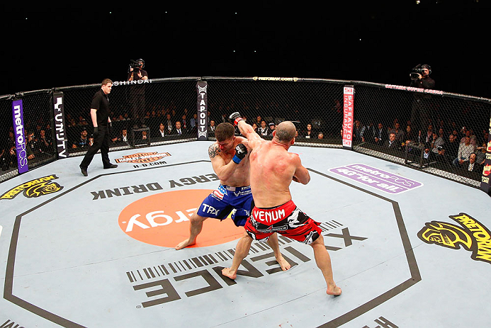 SAITAMA, JAPAN - MARCH 03:  (R-L) Wanderlei Silva punches Brian Stann in their light heavyweight fight during the UFC on FUEL TV event at Saitama Super Arena on March 3, 2013 in Saitama, Japan.  (Photo by Josh Hedges/Zuffa LLC/Zuffa LLC via Getty Images)