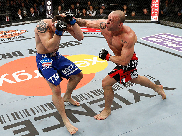 SAITAMA, JAPAN - MARCH 03:  (R-L) Wanderlei Silva punches Brian Stann in their light heavyweight fight during the UFC on FUEL TV event at Saitama Super Arena on March 3, 2013 in Saitama, Japan.  (Photo by Josh Hedges/Zuffa LLC/Zuffa LLC via Getty Images)