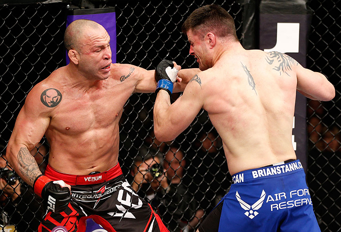 SAITAMA, JAPAN - MARCH 03:  (L-R) Wanderlei Silva punches Brian Stann in their light heavyweight fight during the UFC on FUEL TV event at Saitama Super Arena on March 3, 2013 in Saitama, Japan.  (Photo by Josh Hedges/Zuffa LLC/Zuffa LLC via Getty Images)