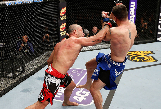 SAITAMA, JAPAN - MARCH 03:  (L-R) Wanderlei Silva punches Brian Stann in their light heavyweight fight during the UFC on FUEL TV event at Saitama Super Arena on March 3, 2013 in Saitama, Japan.  (Photo by Josh Hedges/Zuffa LLC/Zuffa LLC via Getty Images)