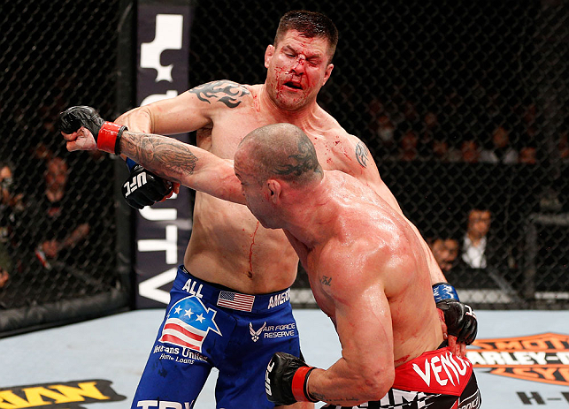 SAITAMA, JAPAN - MARCH 03:  (R-L) Wanderlei Silva punches Brian Stann in their light heavyweight fight during the UFC on FUEL TV event at Saitama Super Arena on March 3, 2013 in Saitama, Japan.  (Photo by Josh Hedges/Zuffa LLC/Zuffa LLC via Getty Images)