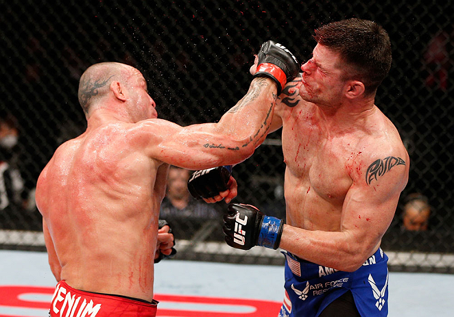 SAITAMA, JAPAN - MARCH 03:  (L-R) Wanderlei Silva defeats Brian Stann by knockout in their light heavyweight fight during the UFC on FUEL TV event at Saitama Super Arena on March 3, 2013 in Saitama, Japan.  (Photo by Josh Hedges/Zuffa LLC/Zuffa LLC via Getty Images)
