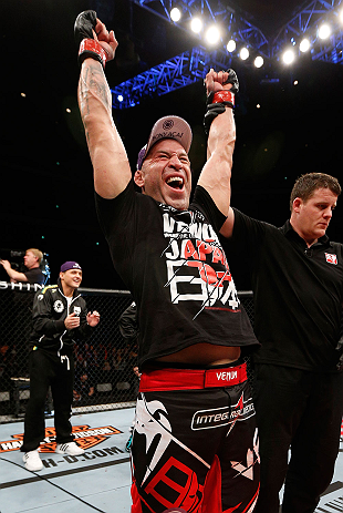 SAITAMA, JAPAN - MARCH 03:  Wanderlei Silva reacts after knocking out Brian Stann in their light heavyweight fight during the UFC on FUEL TV event at Saitama Super Arena on March 3, 2013 in Saitama, Japan.  (Photo by Josh Hedges/Zuffa LLC/Zuffa LLC via Getty Images)