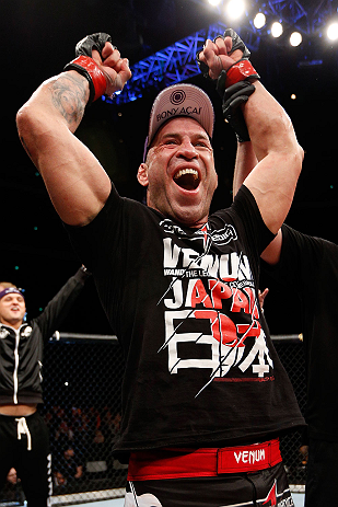 SAITAMA, JAPAN - MARCH 03:  Wanderlei Silva reacts after knocking out Brian Stann in their light heavyweight fight during the UFC on FUEL TV event at Saitama Super Arena on March 3, 2013 in Saitama, Japan.  (Photo by Josh Hedges/Zuffa LLC/Zuffa LLC via Getty Images)