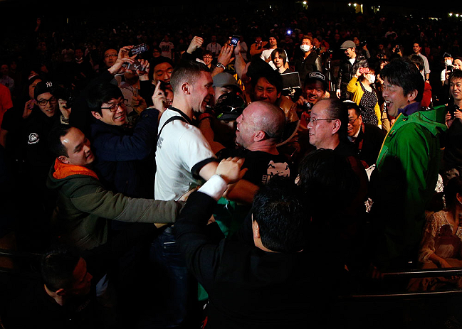 SAITAMA, JAPAN - MARCH 03:  Wanderlei Silva celebrates with fans in the arena after knocking out Brian Stann in their light heavyweight fight during the UFC on FUEL TV event at Saitama Super Arena on March 3, 2013 in Saitama, Japan.  (Photo by Josh Hedges/Zuffa LLC/Zuffa LLC via Getty Images)