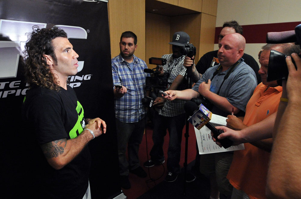 ATLANTIC CITY, NJ - JUNE 20: Clay Guida answers questions after an open workout prior to UFC on FX at Revel Casino in Atlantic City, New Jersey. (Photo by Drew Hallowell/Zuffa LLC/Zuffa LLC via Getty Images)