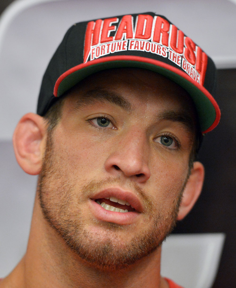 ATLANTIC CITY, NJ - JUNE 20: Sam Stout answers questions during an open workout prior to UFC on FX at Revel Casino in Atlantic City, New Jersey. (Photo by Drew Hallowell/Zuffa LLC/Zuffa LLC via Getty Images)