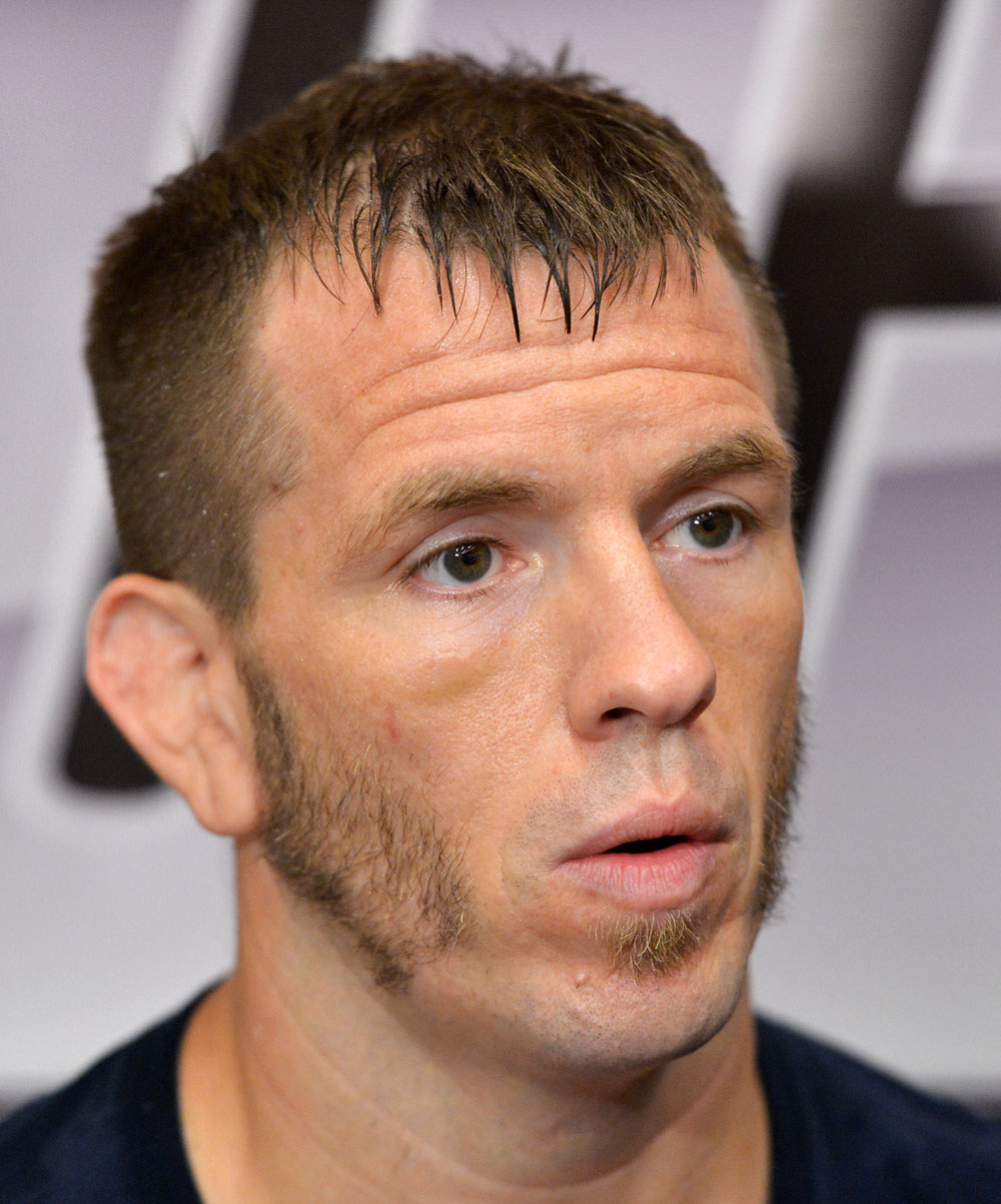 ATLANTIC CITY, NJ - JUNE 20: Spencer Fisher answers questions during an open workout prior to UFC on FX at Revel Casino in Atlantic City, New Jersey. (Photo by Drew Hallowell/Zuffa LLC/Zuffa LLC via Getty Images)